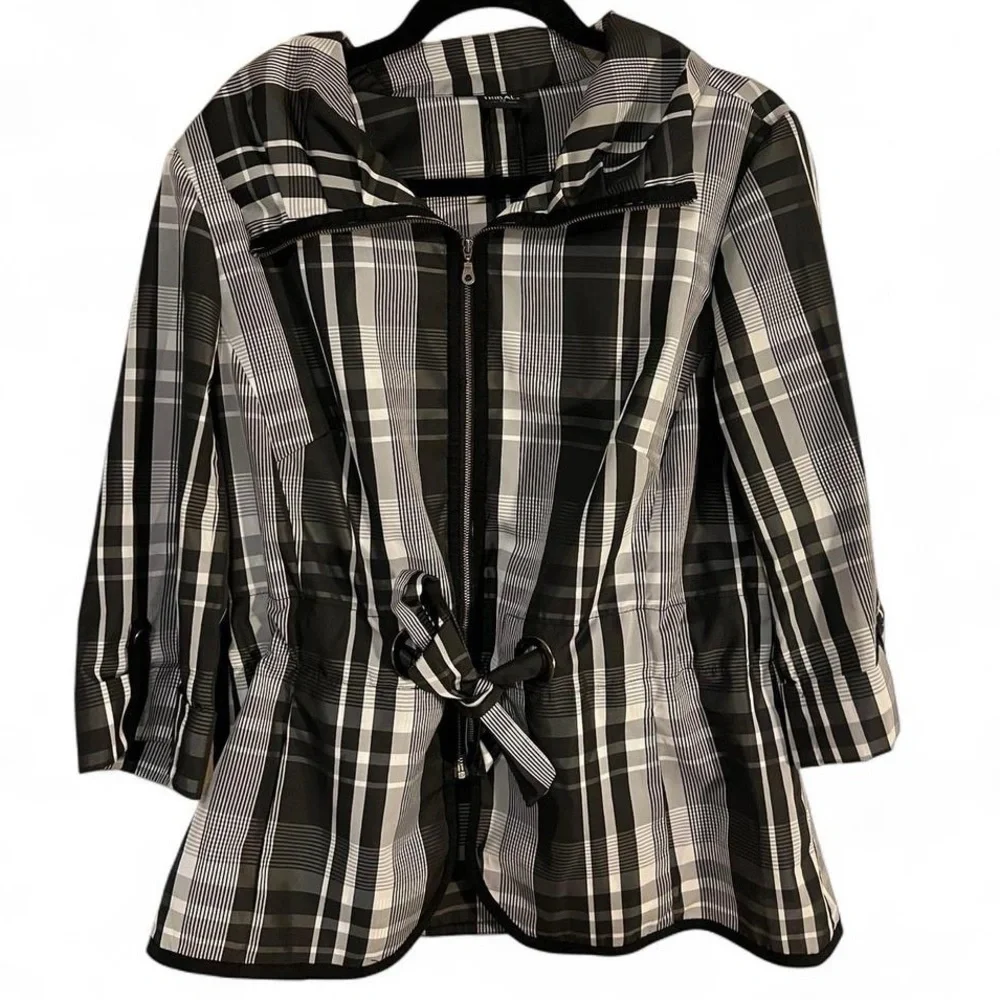 TRIBAL Black White Plaid Zip-Up Jacket – Size 12 – Drawstring Waist